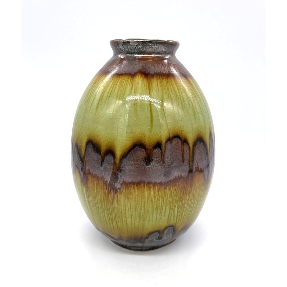 Art Potterty Green & Copper Metallic Glaze Vase 8” Tall 5.5” Wide